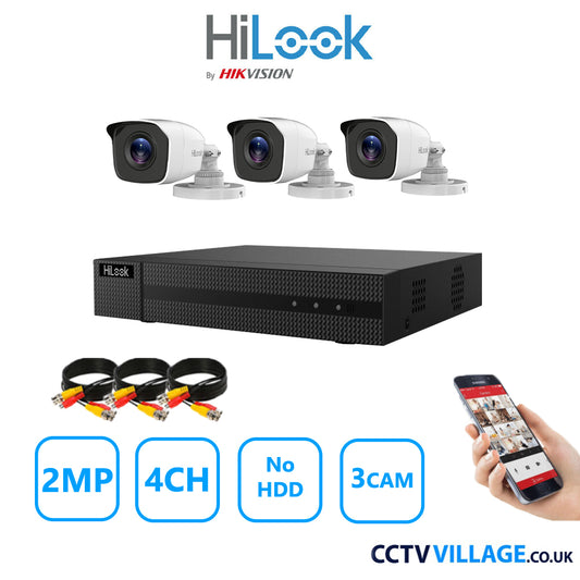 HiLook 2MP CCTV Kit 4 Channel DVR-204G-K1 with 3 Bullet Cameras THC-B120-MC White NO HDD Full Kit