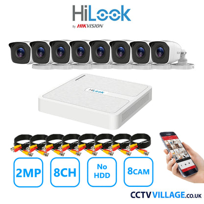 HiLook 2MP CCTV System 8 Channel DVR-108G-K1 with 8 Bullet Cameras THC-B120-MC White NO HDD Full Kit