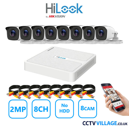 HiLook 2MP CCTV Kit 8 Channel DVR-108G-K1 with 8 Bullet Cameras THC-B120-MC White NO HDD Full Kit