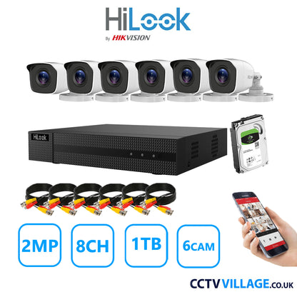 HiLook 2MP CCTV System 8 Channel DVR-208G-K1 with 6 Bullet Cameras THC-B120-MC White 1TB HDD Full Kit