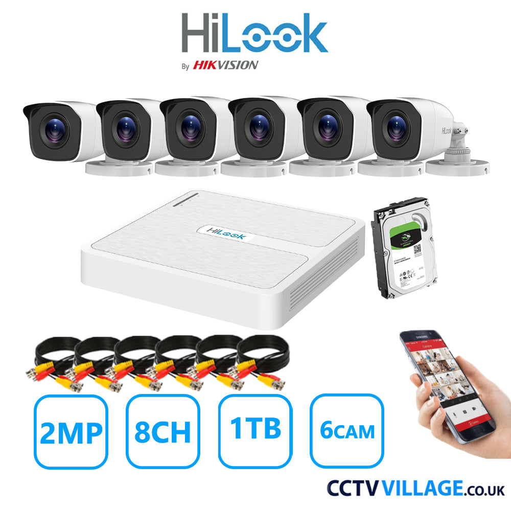 HiLook 2MP CCTV Kit 8 Channel DVR-108G-K1 with 6 Bullet Cameras THC-B120-MC White 1TB HDD Full Kit