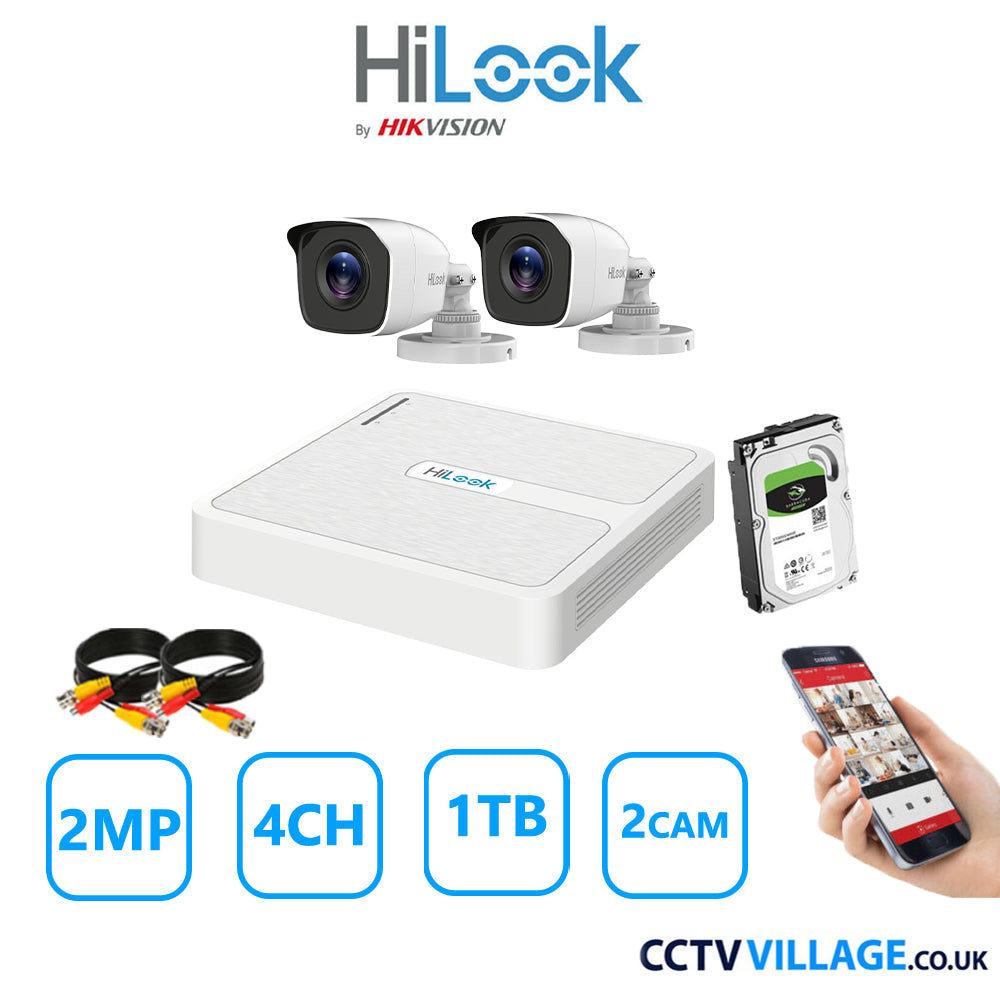 HiLook 2MP CCTV Kit 4 Channel DVR-104G-K1 with 2 Bullet Cameras THC-B120-MC White 1TB HDD Full Kit