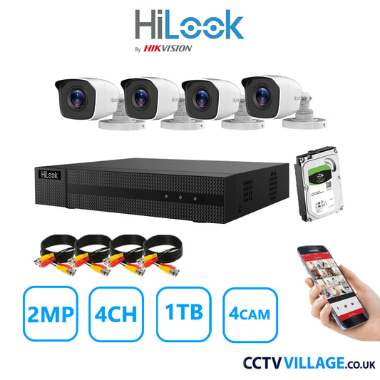 HiLook 2MP CCTV Kit 4 Channel DVR-204G-K1 with 4 Bullet Cameras THC-B120-MC White 1TB HDD Full Kit