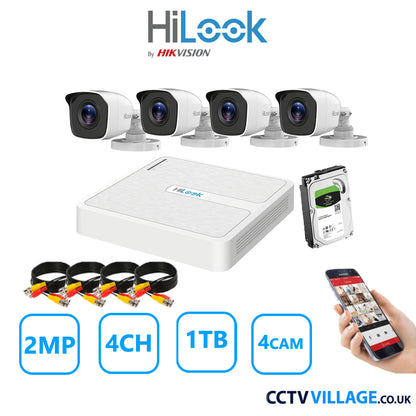 HiLook 2MP CCTV System 4 Channel DVR-104G-K1 with 4 Bullet Cameras THC-B120-MC White 1TB HDD Full Kit