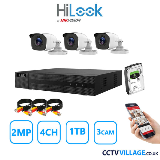 HiLook 2MP CCTV System 4 Channel DVR-204G-K1 with 3 Bullet Cameras THC-B120-MC White 1TB HDD Full Kit