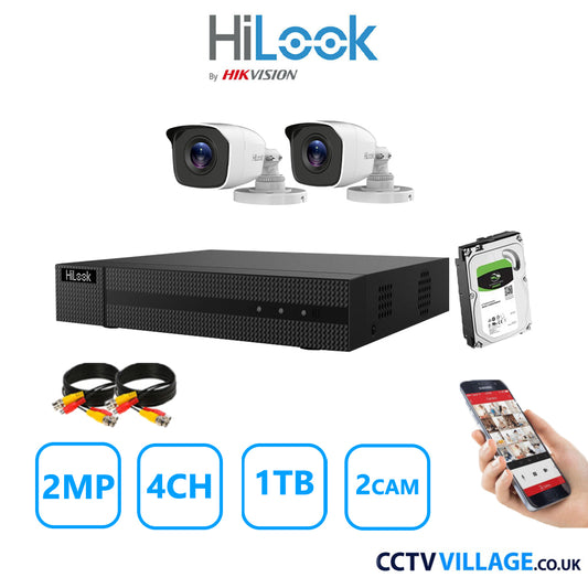 HiLook 2MP CCTV Kit 4 Channel DVR-204G-K1 with 2 Bullet Cameras THC-B120-MC White 1TB HDD Full Kit