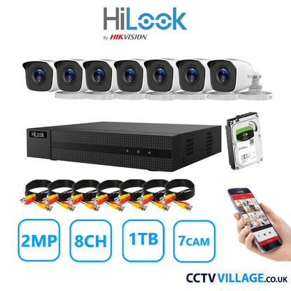 HiLook 2MP CCTV System 8 Channel DVR-208G-K1 with 7 Bullet Cameras THC-B120-MC White 1TB HDD Full Kit