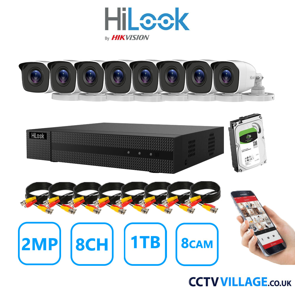 HiLook 2MP CCTV Kit 8 Channel DVR-208G-K1 with 8 Bullet Cameras THC-B120-MC White 1TB HDD Full Kit