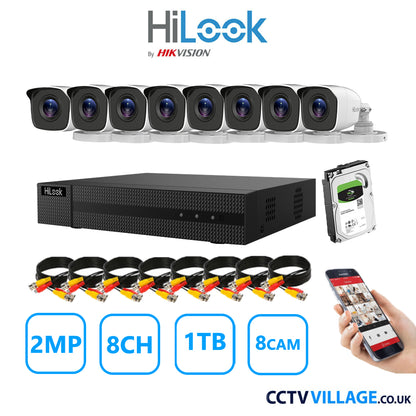 HiLook 2MP CCTV System 8 Channel DVR-208G-K1 with 8 Bullet Cameras THC-B120-MC White 1TB HDD Full Kit