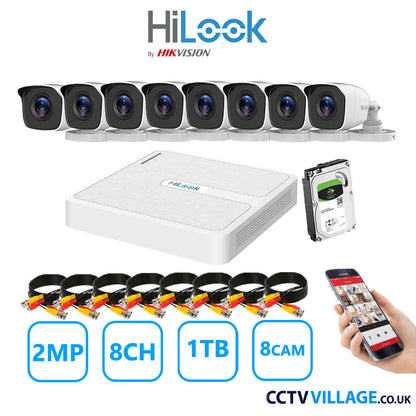 HiLook 2MP CCTV System 8 Channel DVR-108G-K1 with 8 Bullet Cameras THC-B120-MC White 1TB HDD Full Kit