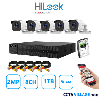 HiLook 2MP CCTV System 8 Channel DVR-208G-K1 with 5 Bullet Cameras THC-B120-MC White 1TB HDD Full Kit