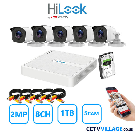 HiLook 2MP CCTV Kit 8 Channel DVR-108G-K1 with 5 Bullet Cameras THC-B120-MC White 1TB HDD Full Kit