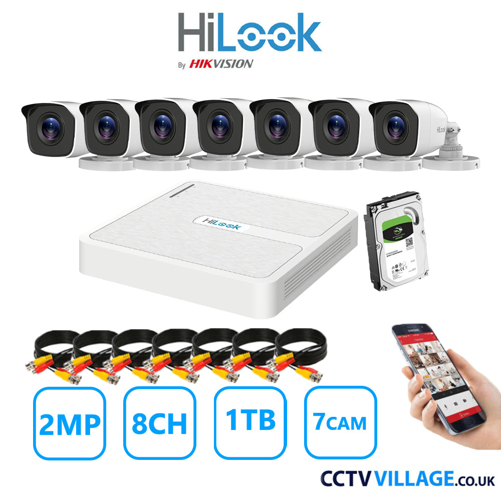 HiLook 2MP CCTV Kit 8 Channel DVR-108G-K1 with 7 Bullet Cameras THC-B120-MC White 1TB HDD Full Kit