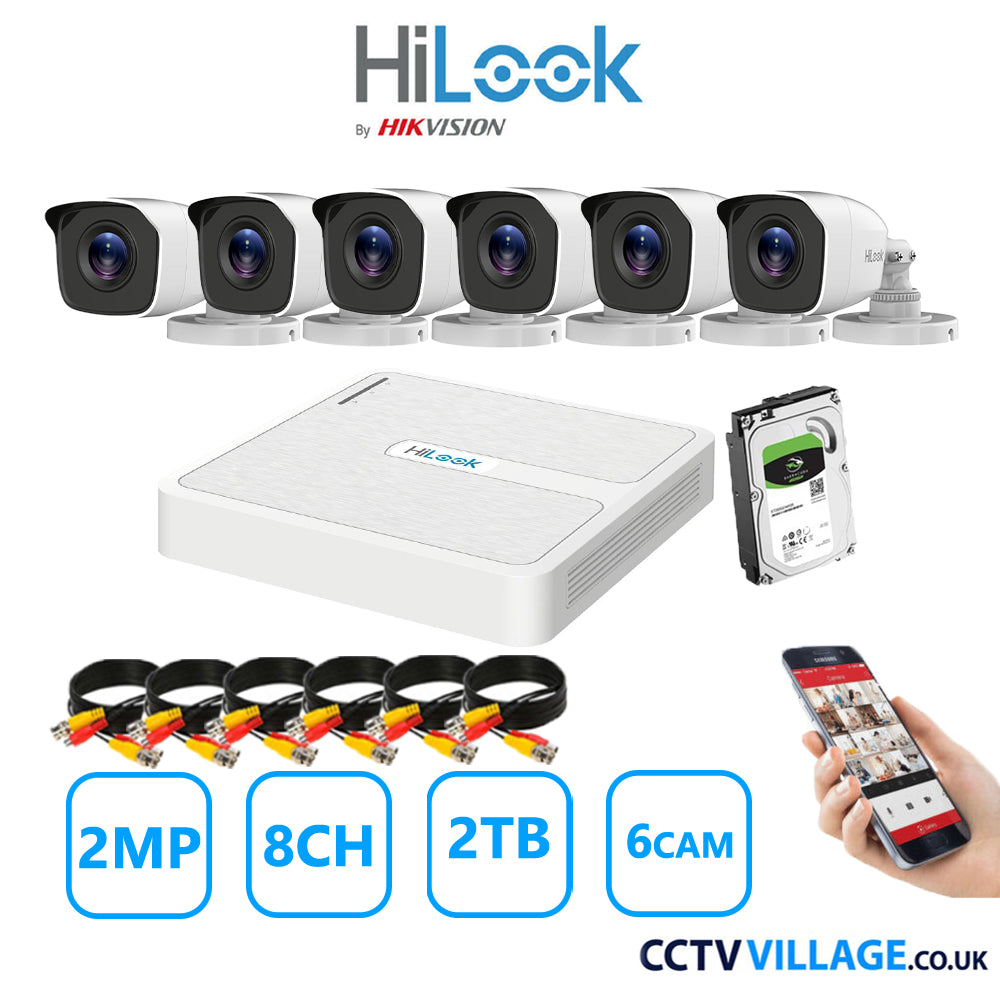 HiLook 2MP CCTV Kit 8 Channel DVR-108G-K1 with 6 Bullet Cameras THC-B120-MC White 2TB HDD Full Kit