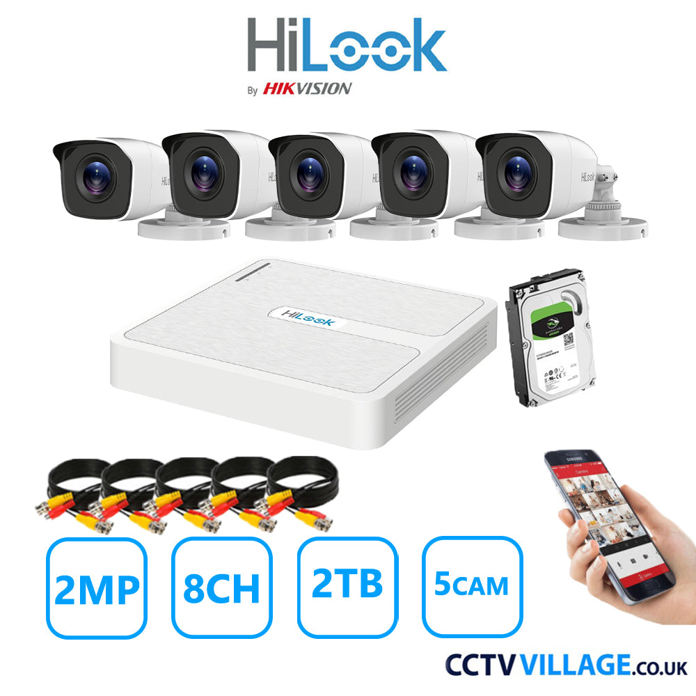 HiLook 2MP CCTV Kit 8 Channel DVR-108G-K1 with 5 Bullet Cameras THC-B120-MC White 2TB HDD Full Kit