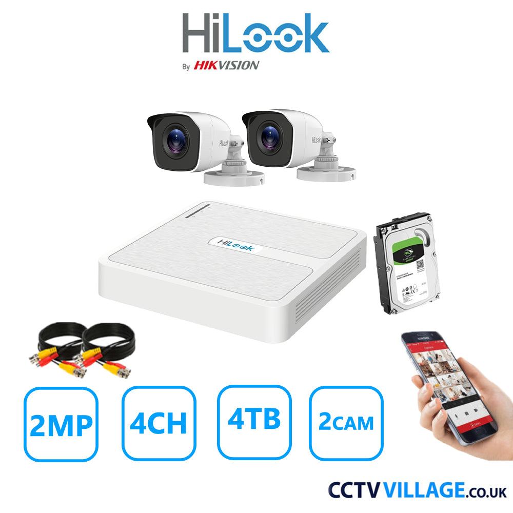 HiLook 2MP CCTV Kit 4 Channel DVR-104G-K1 with 2 Bullet Cameras THC-B120-MC White 4TB HDD Full Kit