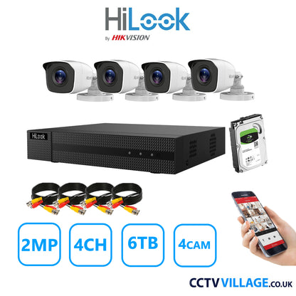 HiLook 2MP CCTV System 4 Channel DVR-204G-K1 with 4 Bullet Cameras THC-B120-MC White 6TB HDD Full Kit