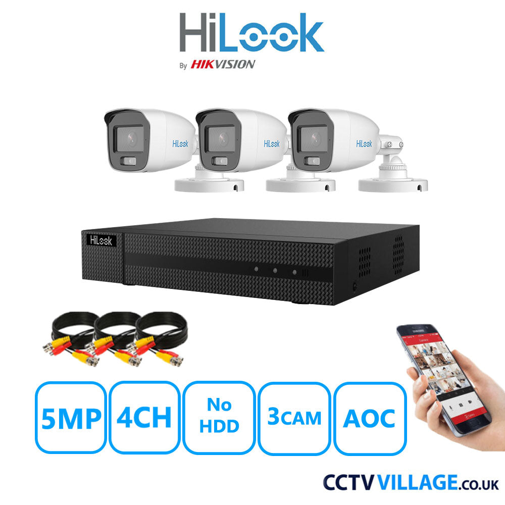 HiLook 5MP CCTV Kit 4 Channel DVR-204Q-M1 with 3 Bullet Cameras THC-B159-MS White No HDD Full Kit