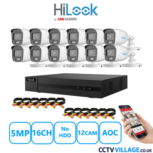 HiLook 5MP CCTV Kit 16 Channel DVR-216Q-M1 with 12 Bullet Cameras THC-B159-MS White No HDD Full Kit