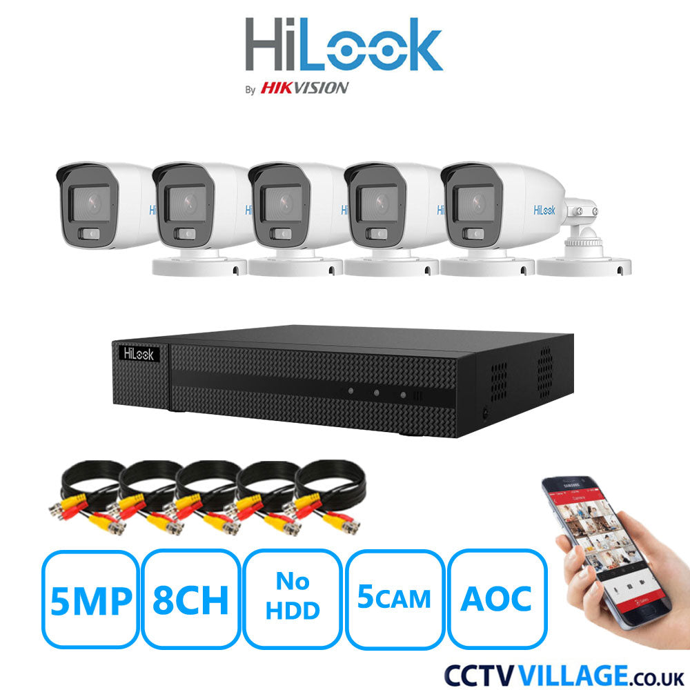 HiLook 5MP CCTV Kit 8 Channel DVR-208Q-M1 with 5 Bullet Cameras THC-B159-MS White No HDD Full Kit