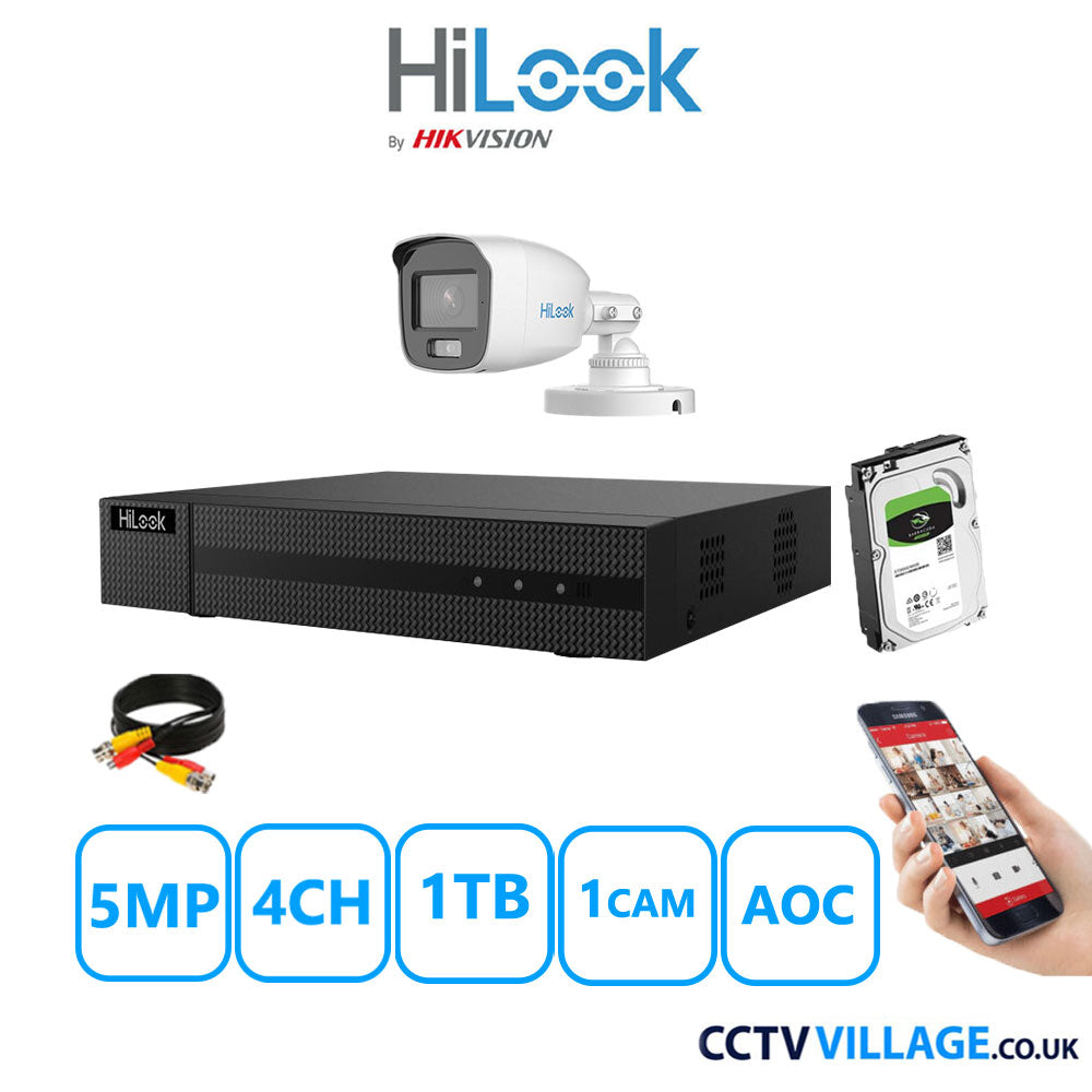 HiLook 5MP CCTV Kit 4 Channel DVR-204Q-M1 with 1 Bullet Camera THC-B159-MS White 1TB HDD Full Kit