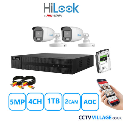 HiLook 5MP CCTV System 4 Channel DVR-204Q-M1 with 2 Bullet Cameras THC-B159-MS White 1TB HDD Full Kit