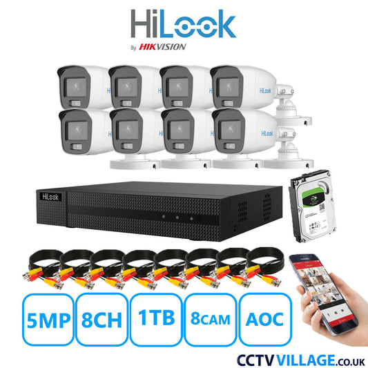 HiLook 5MP CCTV System 8 Channel DVR-208Q-M1 with 8 Bullet Cameras THC-B159-MS White 1TB HDD Full Kit