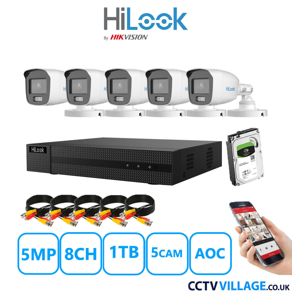 HiLook 5MP CCTV Kit 8 Channel DVR-208Q-M1 with 5 Bullet Cameras THC-B159-MS White 1TB HDD Full Kit