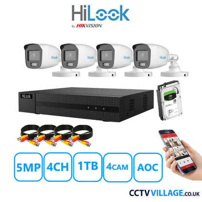 HiLook 5MP CCTV System 4 Channel DVR-204Q-M1 with 4 Bullet Cameras THC-B159-MS White 1TB HDD Full Kit