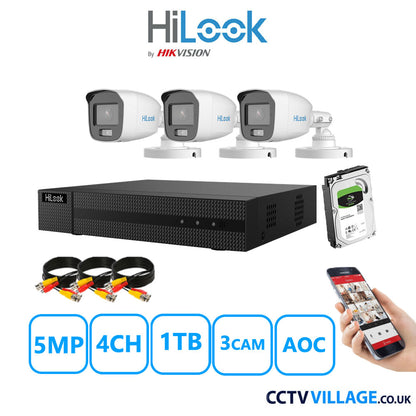 HiLook 5MP CCTV System 4 Channel DVR-204Q-M1 with 3 Bullet Cameras THC-B159-MS White 1TB HDD Full Kit