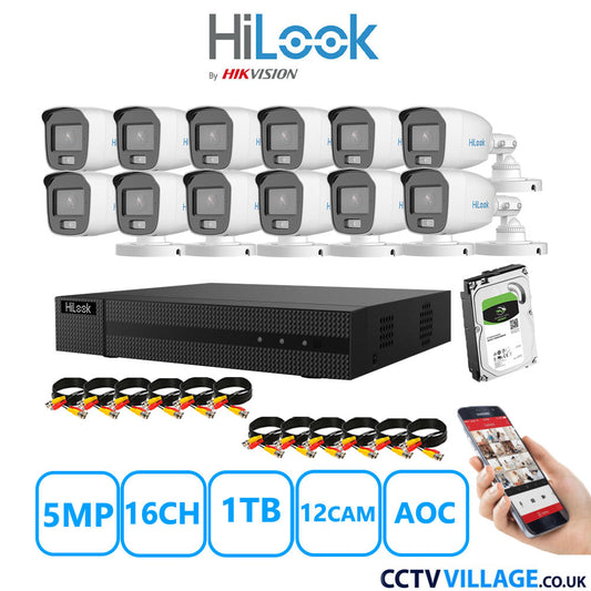 HiLook 5MP CCTV System 16 Channel DVR-216Q-M1 with 12 Bullet Cameras THC-B159-MS White  1TB HDD Full Kit