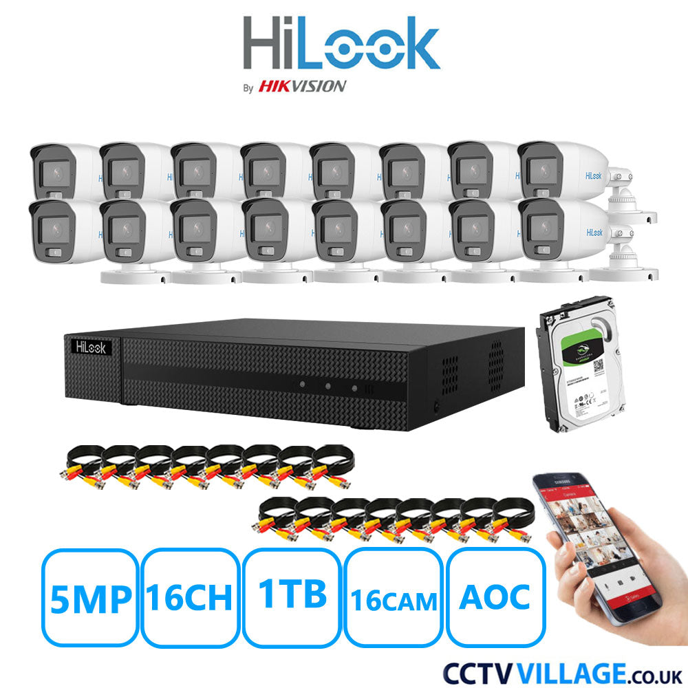 HiLook 5MP CCTV System 16 Channel DVR-216Q-M1 with 16 Bullet Cameras THC-B159-MS White 1TB HDD Full Kit