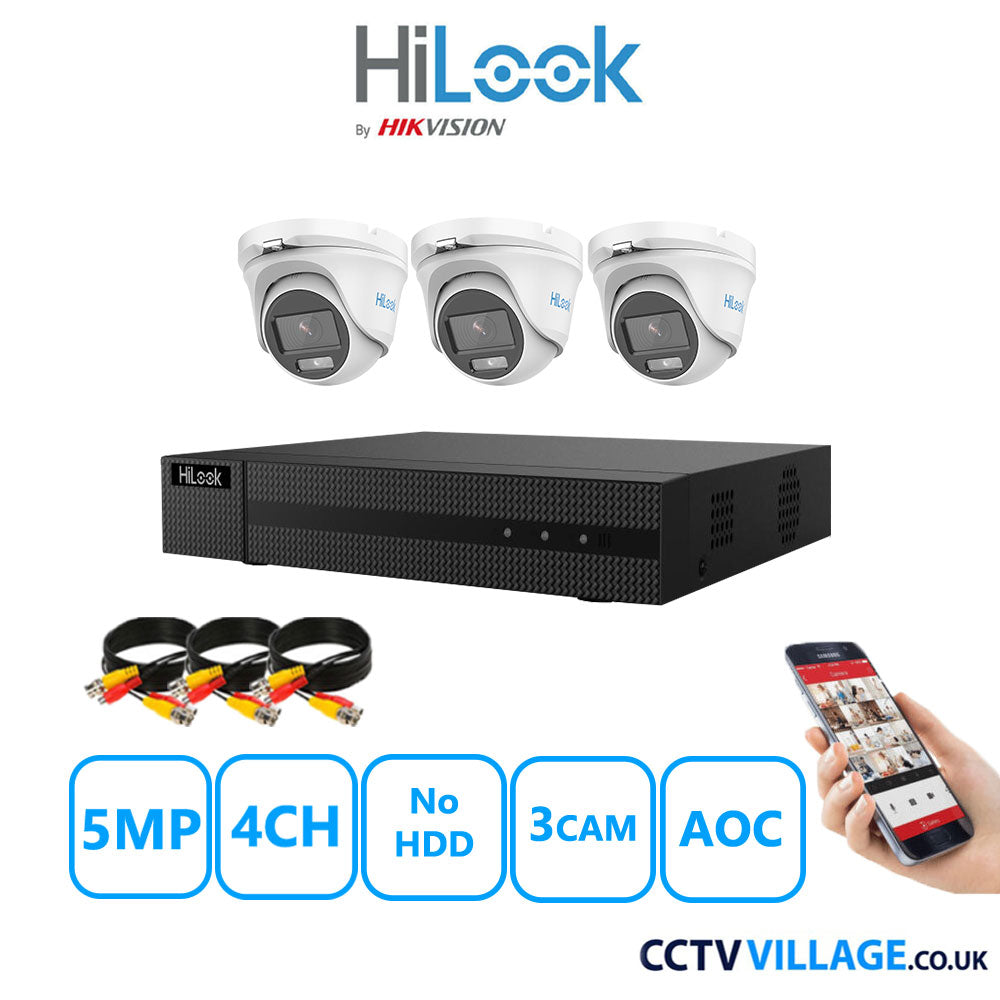 HiLook 5MP CCTV Kit 4 Channel DVR-204Q-M1 with 3 Turret Cameras THC-T159-MS White No HDD Full Kit