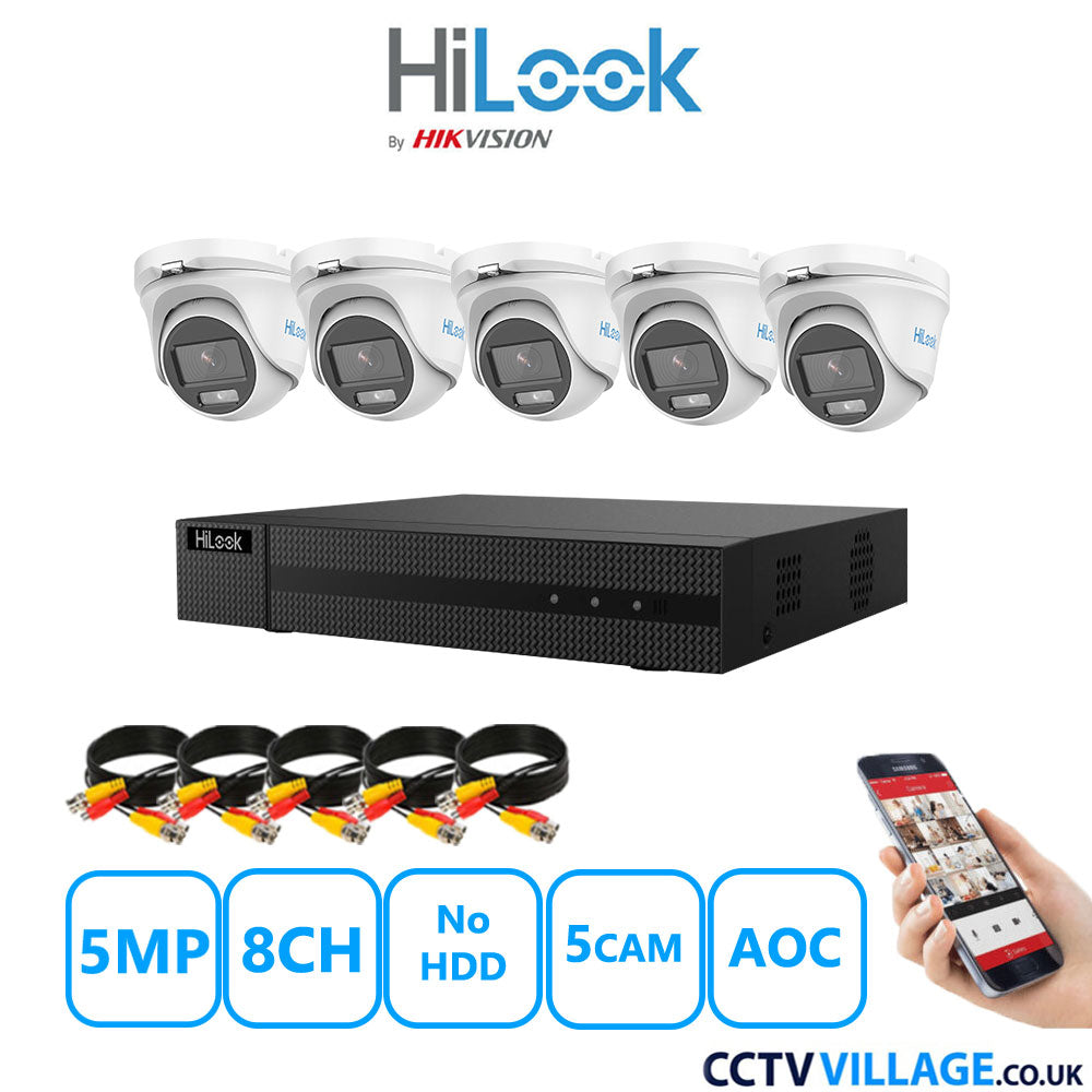 HiLook 5MP CCTV Kit 8 Channel DVR-208Q-M1 with 5 Turret Cameras THC-T159-MS White No HDD Full Kit