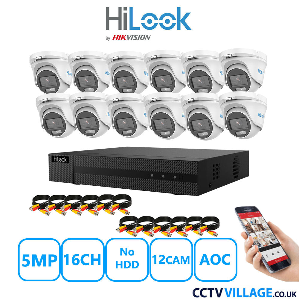 HiLook 5MP CCTV Kit 16 Channel DVR-216Q-M1 with 12 Turret Cameras THC-T159-MS White No HDD Full Kit