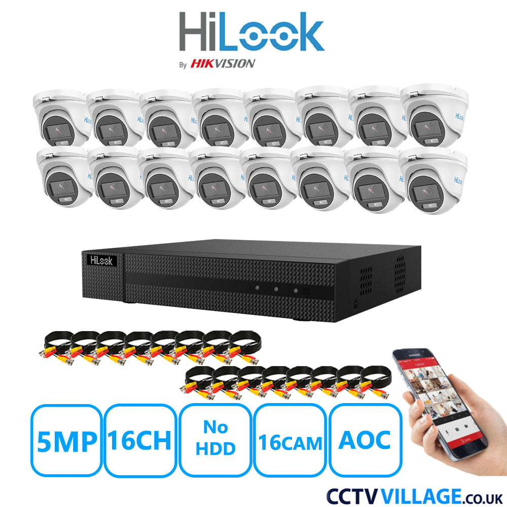 HiLook 5MP CCTV Kit 16 Channel DVR-216Q-M1 with 16 Turret Cameras THC-T159-MS White No HDD Full Kit