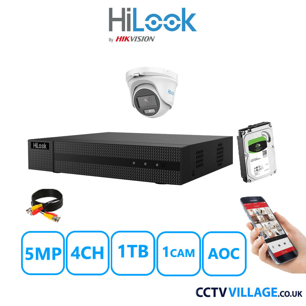 HiLook 5MP CCTV Kit 4 Channel DVR-204Q-M1 with 1 Turret Camera THC-T159-MS White 1TB HDD Full Kit