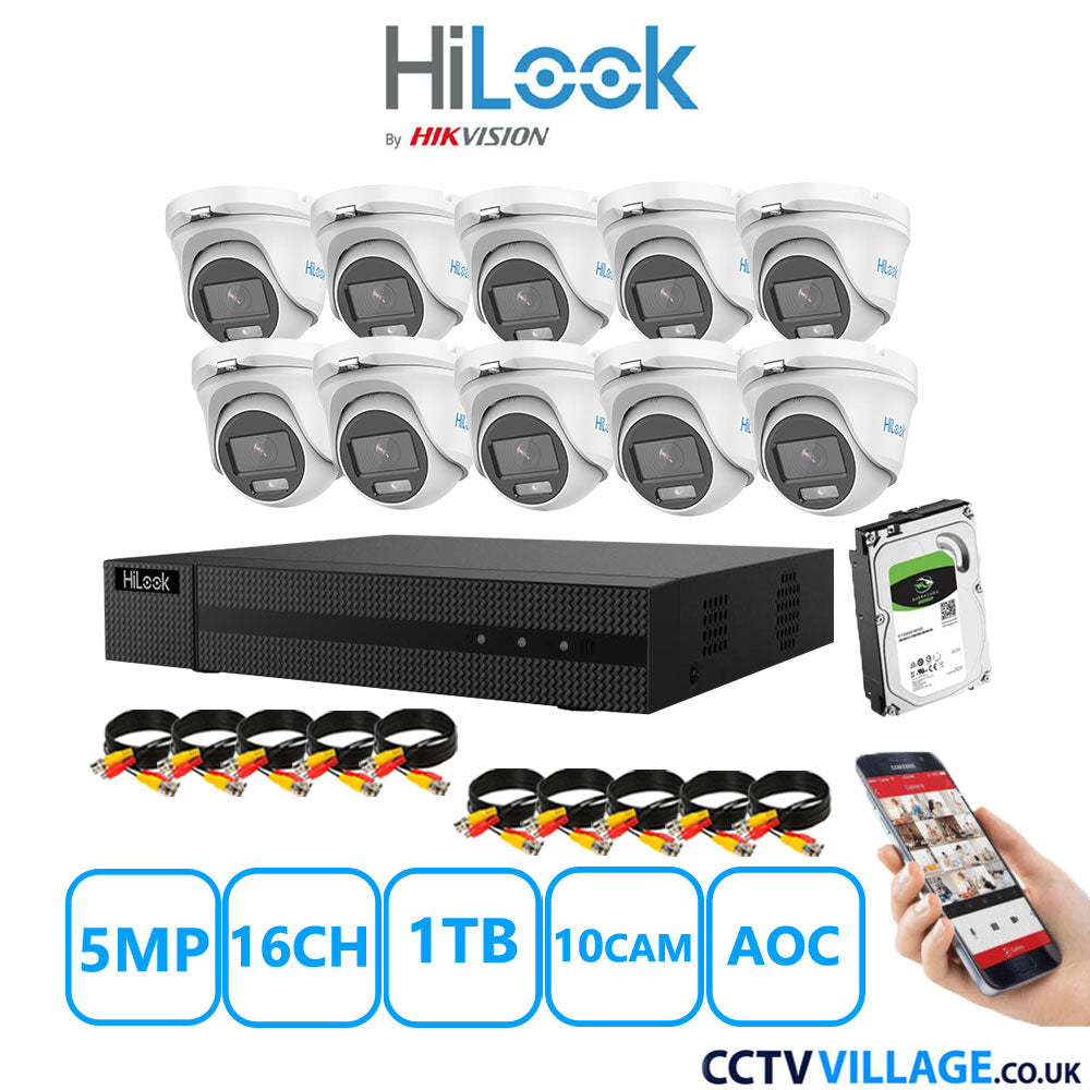 HiLook 5MP CCTV Kit 16 Channel DVR-216Q-M1 with 10 Turret Cameras THC-T159-MS White1TB HDD Full Kit