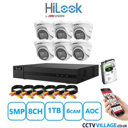 HiLook 5MP CCTV System 8 Channel DVR-208Q-M1 with 6 Turret Cameras THC-T159-MS White 1TB HDD Full Kit