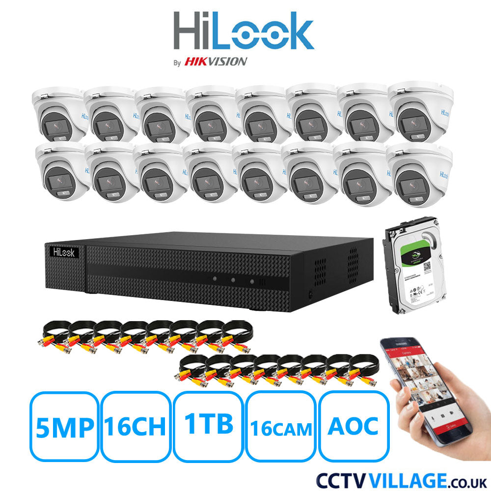 HiLook 5MP CCTV Kit 16 Channel DVR-216Q-M1 with 16 Turret Cameras THC-T159-MS White 1TB HDD Full Kit