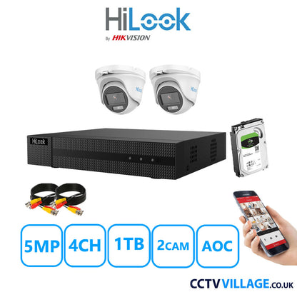 HiLook 5MP CCTV System 4 Channel DVR-204Q-M1 with 2 Turret Cameras THC-T159-MS White 1TB HDD Full Kit