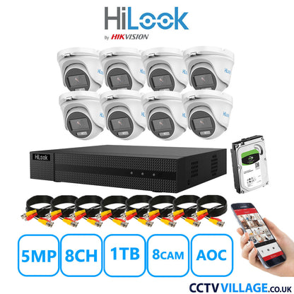 HiLook 5MP CCTV System 8 Channel DVR-208Q-M1 with 8 Turret Cameras THC-T159-MS White 1TB HDD Full Kit