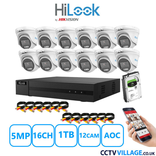 HiLook 5MP CCTV Kit 16 Channel DVR-216Q-M1 with 12 Turret Cameras THC-T159-MS White 1TB HDD Full Kit