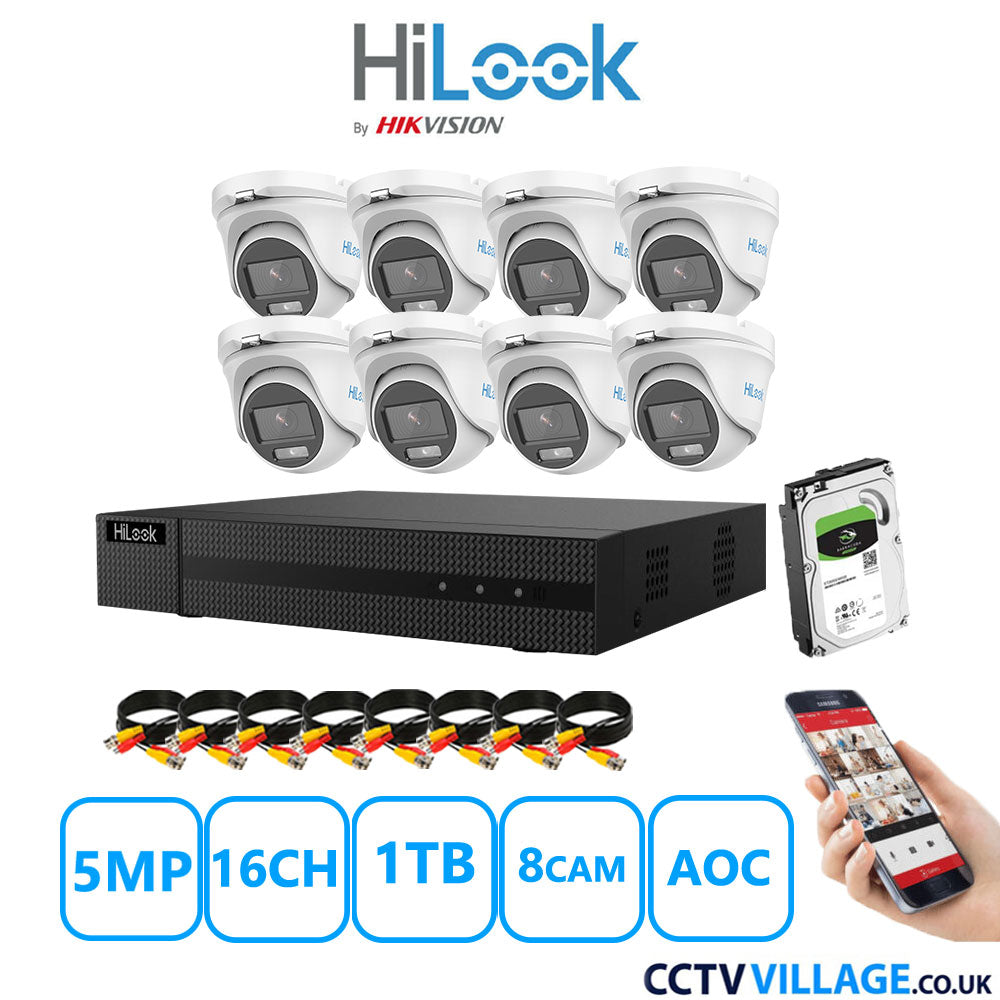 HiLook 5MP CCTV Kit 16 Channel DVR-216Q-M1 with 8 Turret Cameras THC-T159-MS White 1TB HDD Full Kit