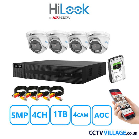 HiLook 5MP CCTV Kit 4 Channel DVR-204Q-M1 with 4 Turret Cameras THC-T159-MS White 1TB HDD Full Kit