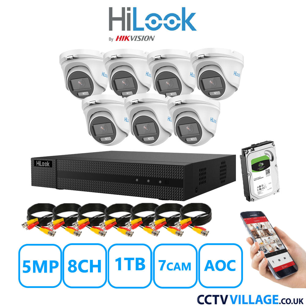 HiLook 5MP CCTV Kit 8 Channel DVR-208Q-M1 with 7 Turret Cameras THC-T159-MS White 1TB HDD Full Kit