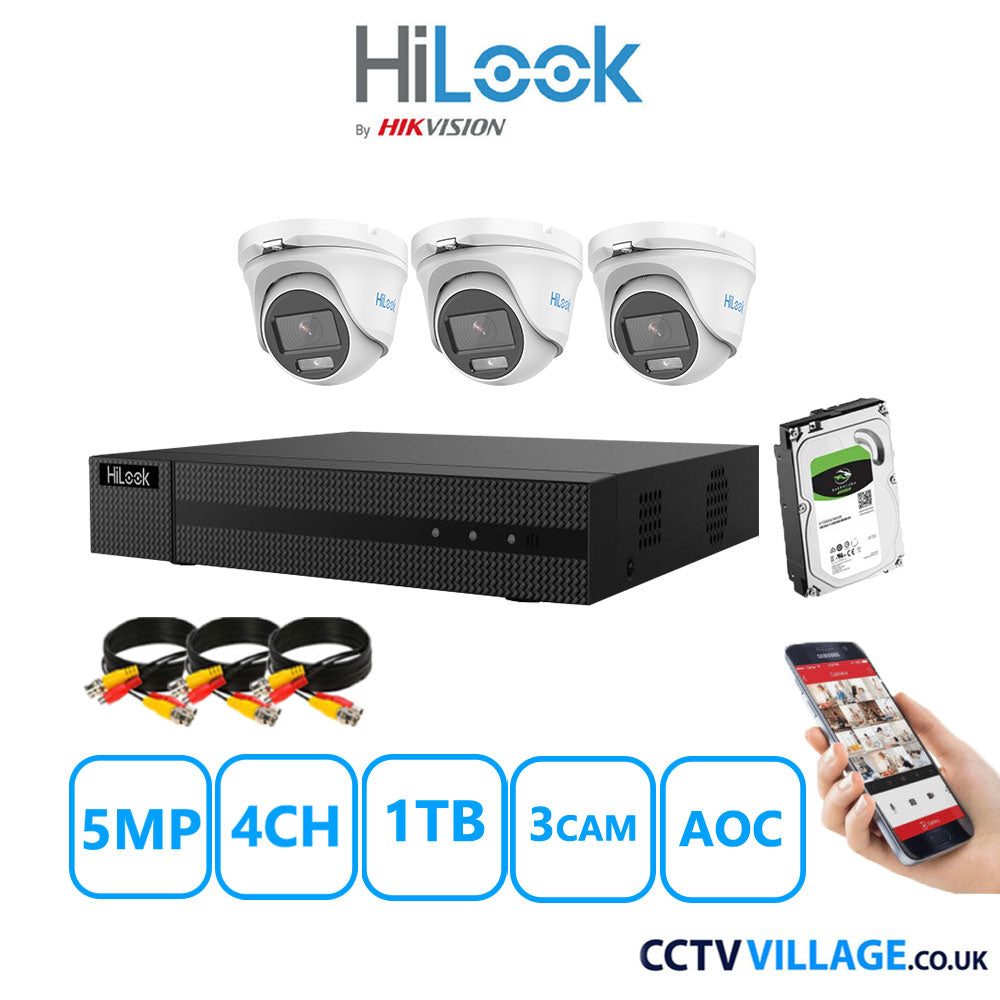 HiLook 5MP CCTV Kit 4 Channel DVR-204Q-M1 with 3 Turret Cameras THC-T159-MS White 1TB HDD Full Kit