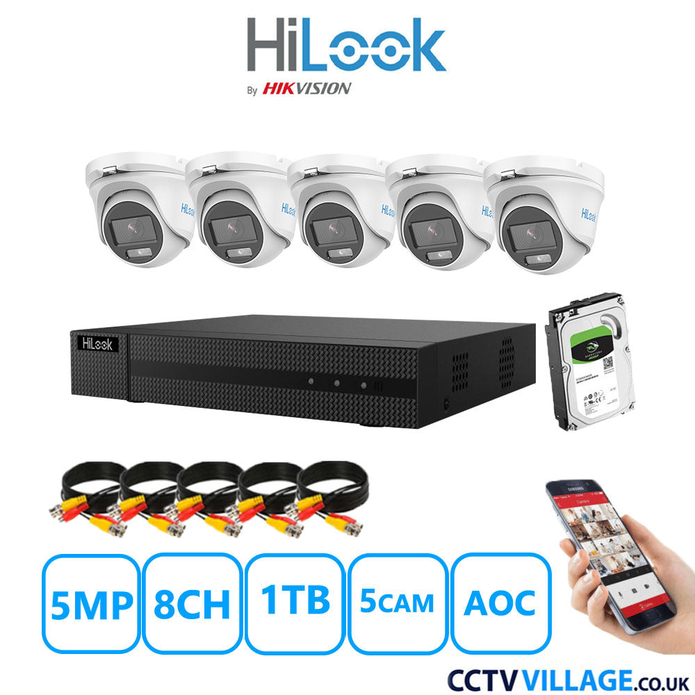 HiLook 5MP CCTV Kit 8 Channel DVR-208Q-M1 with 5 Turret Cameras THC-T159-MS White 1TB HDD Full Kit