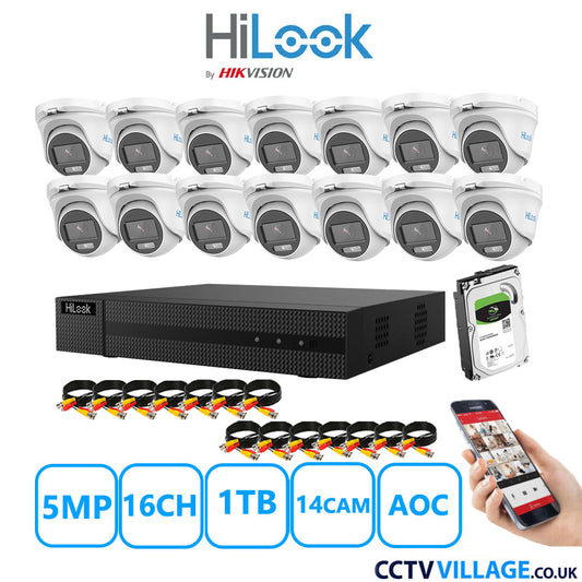 HiLook 5MP CCTV System 16 Channel DVR-216Q-M1 with 14 Turret Cameras THC-T159-MS White 1TB HDD Full Kit