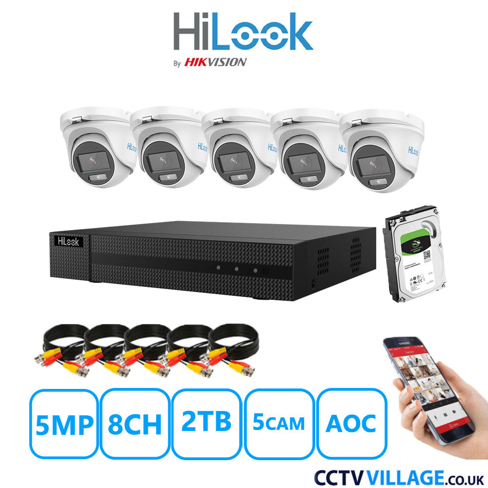 HiLook 5MP CCTV Kit 8 Channel DVR-208Q-M1 with 5 Turret Cameras THC-T159-MS White 2TB HDD Full Kit